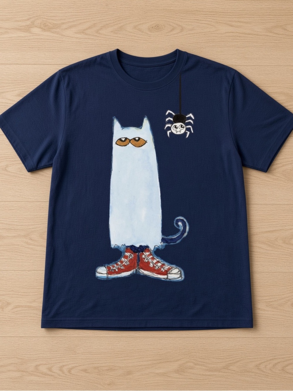 Gildan Navy Tee with White Cat and Red Sneaker Graphic
